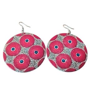 Red Ankara Print Round Wooden Disc Drop Earrings